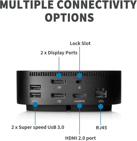 محطة إرساء HP للكمبيوتر المحمول بشاشة مزدوجة، قاعدة توصيل HP USB-C G5 مع محول تيار متردد بقدرة 120 وات، حزمة مع كابلات USB-C/HDMI/DP (متجددة) in Kuwait