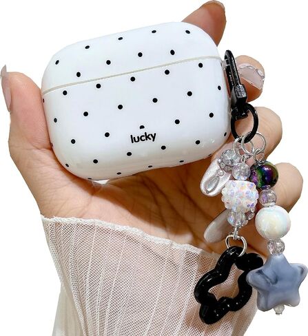 Polka Dot Case for AirPods Pro 3 with Beaded Charm Keychain,Fashion Simple White Case with White Dots for Women Girls Cute Strap for for AirPods Pro 3 in Kuwait