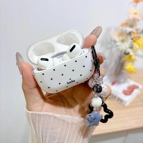 Polka Dot Case for AirPods Pro 3 with Beaded Charm Keychain,Fashion Simple White Case with White Dots for Women Girls Cute Strap for for AirPods Pro 3 in Kuwait