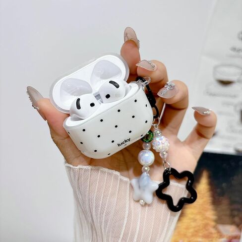 Polka Dot Case for AirPods Pro 3 with Beaded Charm Keychain,Fashion Simple White Case with White Dots for Women Girls Cute Strap for for AirPods Pro 3 in Kuwait