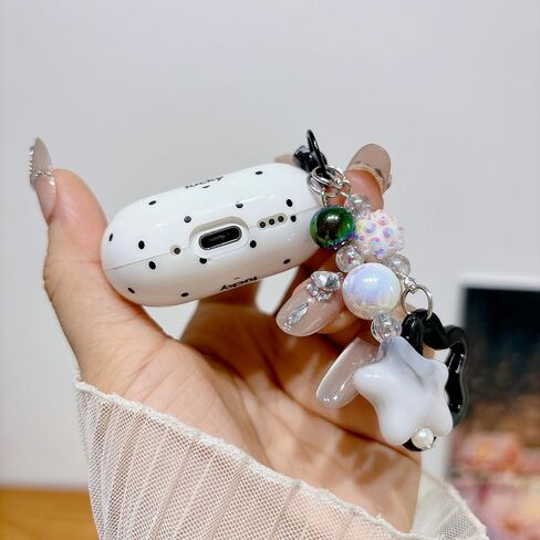 Polka Dot Case for AirPods Pro 3 with Beaded Charm Keychain,Fashion Simple White Case with White Dots for Women Girls Cute Strap for for AirPods Pro 3 in Kuwait