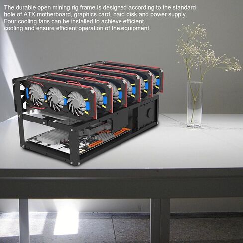 6 GPU Mining Rig Frame Case ATX Motherboard Rack Stackable Miner Computer Rack with 4 Cooling Fans 81mm Card Spacing for Cryptocurrency GPU Mining (Black) in Kuwait