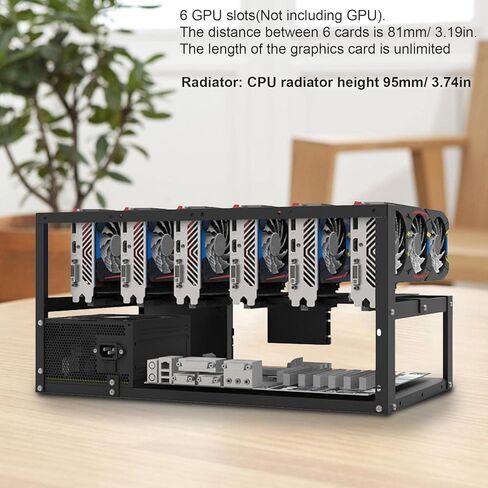 6 GPU Mining Rig Frame Case ATX Motherboard Rack Stackable Miner Computer Rack with 4 Cooling Fans 81mm Card Spacing for Cryptocurrency GPU Mining (Black) in Kuwait
