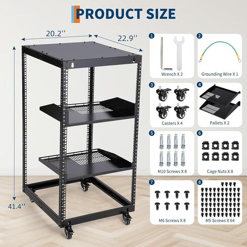 20U Open Frame Network Rack, 22"-40" Adjustable Depth, Wall Mount & Freestanding Server Rack with Lockable Casters + 2Pack 1U Shelves, Heavy Duty for IT AV Gear in Kuwait