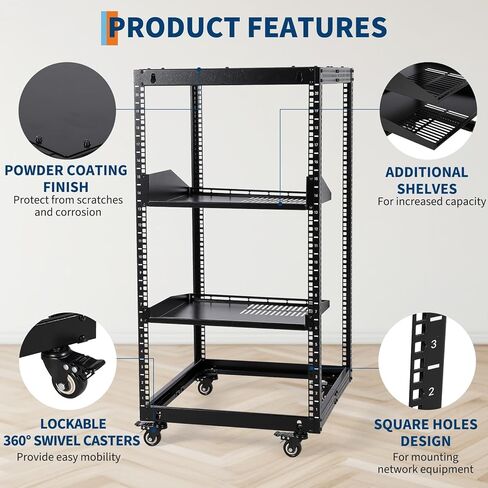 20U Open Frame Network Rack, 22"-40" Adjustable Depth, Wall Mount & Freestanding Server Rack with Lockable Casters + 2Pack 1U Shelves, Heavy Duty for IT AV Gear in Kuwait