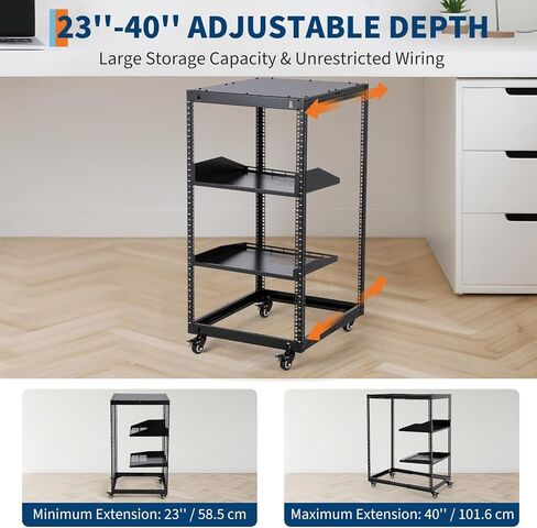 20U Open Frame Network Rack, 22"-40" Adjustable Depth, Wall Mount & Freestanding Server Rack with Lockable Casters + 2Pack 1U Shelves, Heavy Duty for IT AV Gear in Saudi Arabia