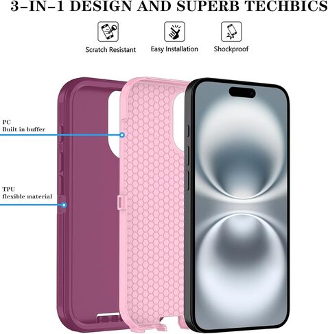 متوافق مع حافظة iPhone 17 مع واقي شاشة HD، [2 في 1] حافظة هاتف حماية شديدة التحمل لهاتف iPhone 17 6.3 بوصة (WineRedPink) in Kuwait