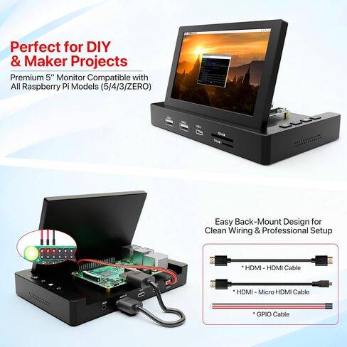 شاشة ROADOM مقاس 7 بوصة Raspberry Pi مع حافظة وشاشة 5 بوصة مع محور in Kuwait