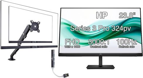 شاشة HP 24 بوصة Series 3 Pro 324pv FHD VA مع وقت استجابة 5 مللي ثانية، مضادة للتوهج، خالية من الوميض، حامل VESA (100x100 مم)، HDMI، VGA وDockztorm Hub، أسود (9U5C1AA#ABA) وذراع تثبيت فردي Ergoflexy in Kuwait