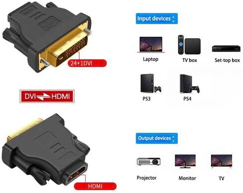 DVI إلى HDMI، محول DVI-D ثنائي الاتجاه إلى HDMI ذكر إلى أنثى مع سلك مطلي بالذهب 2 قطعة in Kuwait
