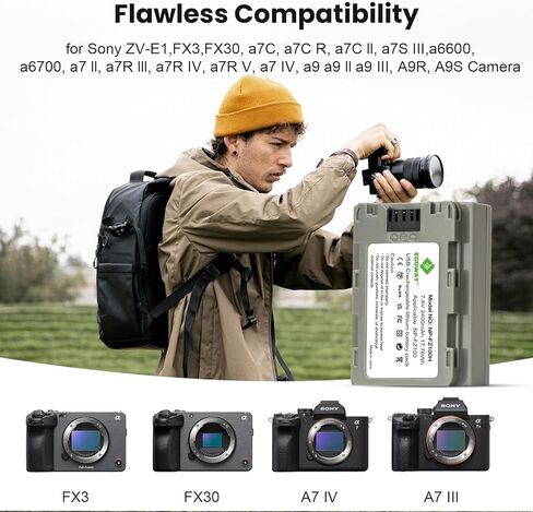 بطارية Egoway NP-FZ100، شحن سريع USB-C بسعة 2400 مللي أمبير في الساعة عالية السعة متوافقة مع كاميرات Sony Alpha A7IV A7III A7C A6600 A6700 FX3 FX30 ZV-E1 A9 A9S A7RIII A7RIV A7RV A7SIII in Kuwait