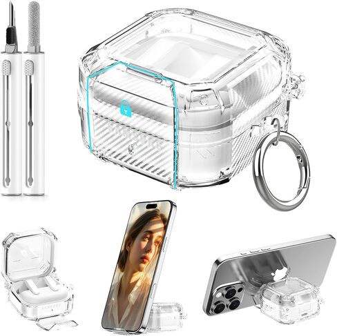 Safety Lock for Samsung Galaxy Buds 4 Pro Case/Galaxy Buds 4 Case Clear,Hybrid Flexible TPU Skin for Samsung Galaxy Bud 4/4 Pro Cover with Phone Stand with Carabiner&Cleaning Pen-Clear in Kuwait