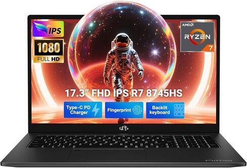 NIMO 17.3" Light-Gaming Laptop, AMD Ryzen 7 8745HS 8-Core up to 4.9GHz, 64GB DDR5 RAM 1TB SSD, Radeon 780M Graphics, 100W Type-C, Backlit Keyboard, Fingerprint, IPS FHD Computer in Kuwait