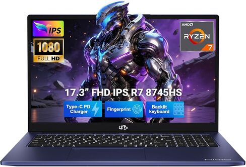 كمبيوتر محمول NIMO مقاس 17.3 بوصة للألعاب الخفيفة، AMD Ryzen 7 8745HS 8-Core يصل إلى 4.9 جيجا هرتز، 64 جيجا بايت DDR5 RAM 1 تيرابايت SSD، رسومات Radeon 780M، 100W Type-C، لوحة مفاتيح بإضاءة خلفية، بصمة الإصبع، كمبيوتر IPS FHD in Kuwait
