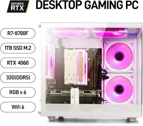 Prebuilt Gaming PC Desktop Ryzen 7 8700F, GeForce RTX 4060, 32G DDR5 RAM, 1TB NVME 3.0 SSD, WiFi 6, Tower Computer for AAA Gaming, Streaming & Creative Work (White) in Kuwait