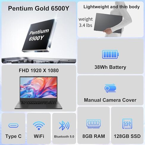 Laptop Computer 15.6 Inch - 8GB RAM 128GB SSD Laptops with Pentium 6500Y Processor Up to 3.4GHz, 1080P FHD IPS, Type C, HDMI, BT 5.0, WiFi 5, Traditional Laptop Computers for Work School Travel in Kuwait