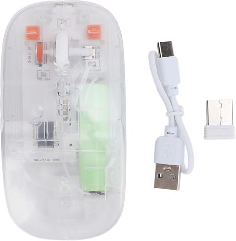 ماوس لاسلكي شفاف، بلوتوث 5 0 و2 4G وضع مزدوج مع مستقبل USB، 3 DPI قابلة للتعديل 800 1200 1600، تصميم مريح، وضع النوم التلقائي، للكمبيوتر المحمول (أبيض شفاف) in Kuwait