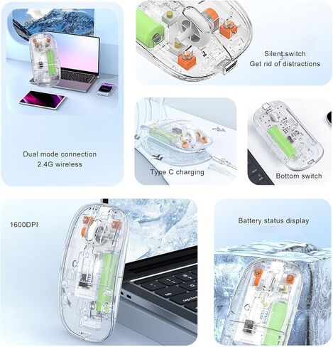 ماوس لاسلكي شفاف، بلوتوث 5 0 و2 4G وضع مزدوج مع مستقبل USB، 3 DPI قابلة للتعديل 800 1200 1600، تصميم مريح، وضع النوم التلقائي، للكمبيوتر المحمول (أبيض شفاف) in Kuwait