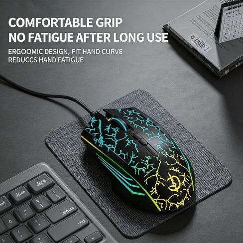 【 ضوء ماوس وكتم صوت قابل للتحويل - USB 】 ماوس سلكي ضوئي للكمبيوتر المحمول للألعاب، تأثير إضاءة RGB، مستشعر بصري بأربعة مستويات قابل للتعديل، DPI حتى 3200، مناسب لنظام Windows 7/8/10/XP Vista Linux in Kuwait