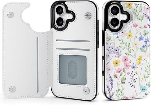 متوافق مع حافظة محفظة iPhone 17 مع حامل بطاقات، حافظة فتحات بطاقات بمسند من جلد البولي يوريثان، مشبك مغناطيسي مزدوج وغطاء متين مقاوم للصدمات أبيض in Kuwait