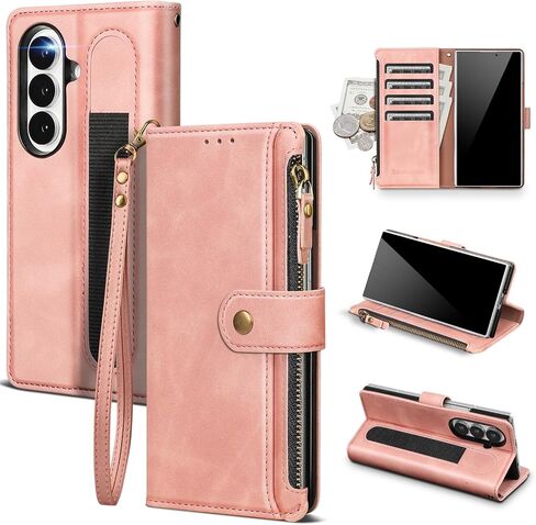 Compatible with Samsung Galaxy Z Fold 5 5G Wallet Case with S Pen Holder RFID Blocking Zipper PU Leather Case Flip Cover with Wrist Strap Credit Card Holder Slots Men Women,Rose Gold in Kuwait