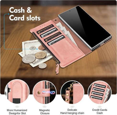 Compatible with Samsung Galaxy Z Fold 5 5G Wallet Case with S Pen Holder RFID Blocking Zipper PU Leather Case Flip Cover with Wrist Strap Credit Card Holder Slots Men Women,Rose Gold in Kuwait