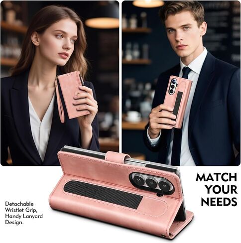 Compatible with Samsung Galaxy Z Fold 5 5G Wallet Case with S Pen Holder RFID Blocking Zipper PU Leather Case Flip Cover with Wrist Strap Credit Card Holder Slots Men Women,Rose Gold in Kuwait