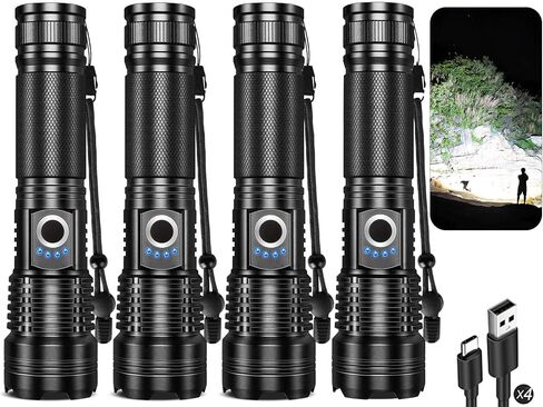 4 Packs Flashlight Rechargeable, 990,000 High Lumens Bright Flash Light, 5 Modes Adjustable Linternas, Powerful Handheld LED Flashlights for Home Camping in Kuwait