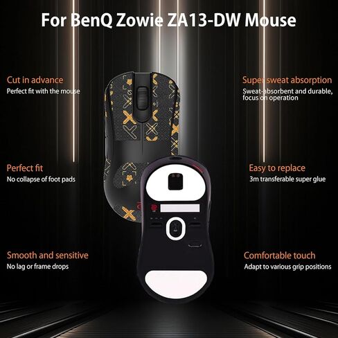 NOUKAJU Mouse Grip Tape Full Coverage for BenQ Zowie ZA13-DW, Self-Adhesive Sweat-Resistant Professional Mice Upgrade Kit,Mouse Feet Skates(Foot pad + Black-Gold Mouse Tape) in Kuwait