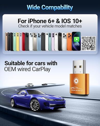 محول vnilrgle CarPlay اللاسلكي لهاتف Apple iPhone (ترقية 2026) تصميم صغير، يحول سلك المصنع إلى محول لاسلكي لتشغيل السيارة، التوصيل والتشغيل، توصيل تلقائي سريع ومستقر (برتقالي) in Kuwait
