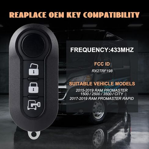 1PCS 3 Buttons Keyless Dodge Key Fob Smart Remote Car Key Fob for 2015-2019 Ram Promaster 1500 2500 3500 City; 2017-2019 Ram Promaster Rapid FCC ID:RX2TRF198 433mhz in Kuwait