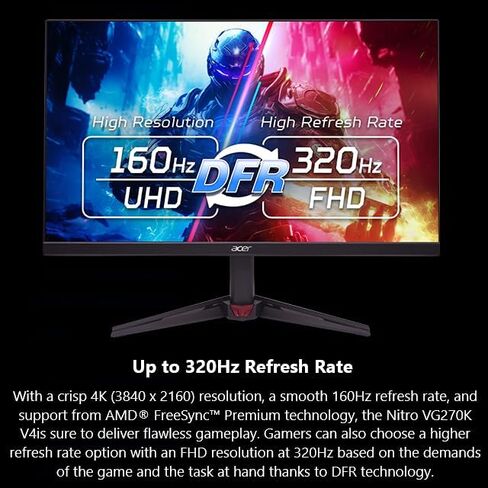 Acer Nitro 27" 4K UHD 3840 x 2160 Gaming IPS Monitor | AMD FreeSync | Up to 144Hz Refresh Rate with DFR to FHD 320Hz| Up to 0.5ms | 1 x Port 1.4 & 2 x HDMI 2.1 Ports | VG270K V4bmiipx (Renewed) in Kuwait