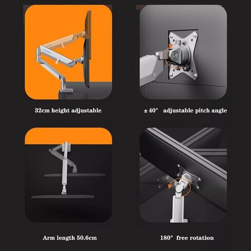 Monitor Arm Single Monitor Desk Mount for 17-32 Inch Screens, Ergonomic Adjustable Gas Spring Monitor Arm with USB, C-Clamp & Grommet Base, VESA 75/100mm Monitor Mount Arm in Kuwait