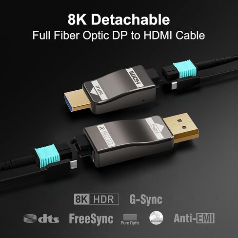 RUIPRO 8K منفذ عرض مدرع من الألياف الضوئية بالكامل قابل للفصل إلى كابل HDMI، 50 قدم، DP 1.4 إلى HDMI 2.1، 8K@60 هرتز، 4K@144 هرتز، HDR10+، VRR، HDCP 2.3، غير مضغوط، لأجهزة الكمبيوتر الألعاب، RTX 4090/4080، شاشة، تلفزيون in Kuwait