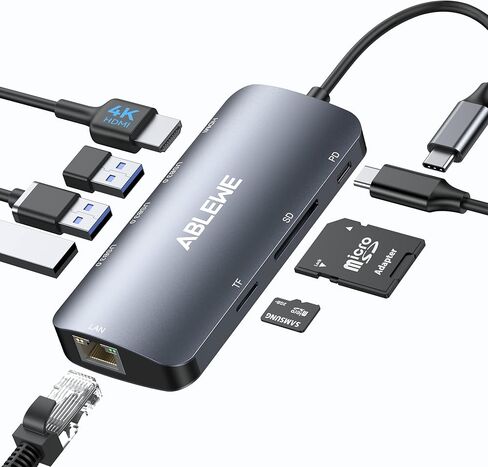 محول USB C Hub متعدد المنافذ، موزع ABLEWE USB-C مع HDMI 4K@60 هرتز، إيثرنت 1 جيجابت في الثانية، 100 وات PD، قارئ بطاقات SD/TF، ​​محطة إرساء 3 منافذ USB 3.0 متوافقة مع أجهزة الكمبيوتر المحمول/الكمبيوتر اللوحي/الكمبيوتر الشخصي/الهاتف in Kuwait