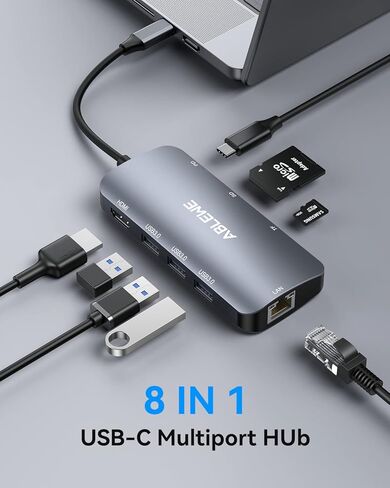 محول USB C Hub متعدد المنافذ، موزع ABLEWE USB-C مع HDMI 4K@60 هرتز، إيثرنت 1 جيجابت في الثانية، 100 وات PD، قارئ بطاقات SD/TF، ​​محطة إرساء 3 منافذ USB 3.0 متوافقة مع أجهزة الكمبيوتر المحمول/الكمبيوتر اللوحي/الكمبيوتر الشخصي/الهاتف in Kuwait