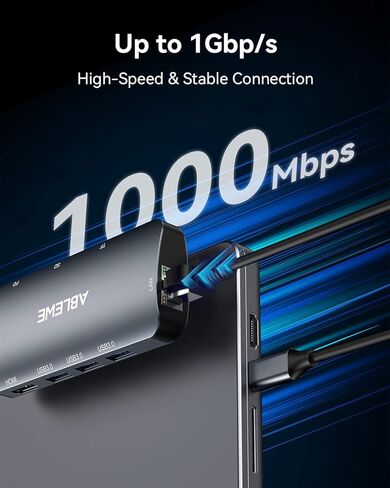 محول USB C Hub متعدد المنافذ، موزع ABLEWE USB-C مع HDMI 4K@60 هرتز، إيثرنت 1 جيجابت في الثانية، 100 وات PD، قارئ بطاقات SD/TF، ​​محطة إرساء 3 منافذ USB 3.0 متوافقة مع أجهزة الكمبيوتر المحمول/الكمبيوتر اللوحي/الكمبيوتر الشخصي/الهاتف in Kuwait