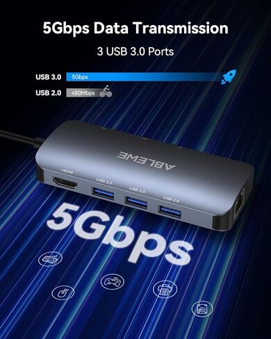 محول USB C Hub متعدد المنافذ، موزع ABLEWE USB-C مع HDMI 4K@60 هرتز، إيثرنت 1 جيجابت في الثانية، 100 وات PD، قارئ بطاقات SD/TF، ​​محطة إرساء 3 منافذ USB 3.0 متوافقة مع أجهزة الكمبيوتر المحمول/الكمبيوتر اللوحي/الكمبيوتر الشخصي/الهاتف in Kuwait