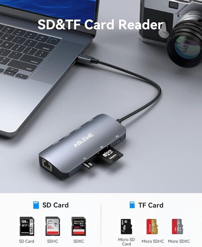 محول USB C Hub متعدد المنافذ، موزع ABLEWE USB-C مع HDMI 4K@60 هرتز، إيثرنت 1 جيجابت في الثانية، 100 وات PD، قارئ بطاقات SD/TF، ​​محطة إرساء 3 منافذ USB 3.0 متوافقة مع أجهزة الكمبيوتر المحمول/الكمبيوتر اللوحي/الكمبيوتر الشخصي/الهاتف in Kuwait