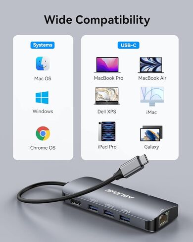 محول USB C Hub متعدد المنافذ، موزع ABLEWE USB-C مع HDMI 4K@60 هرتز، إيثرنت 1 جيجابت في الثانية، 100 وات PD، قارئ بطاقات SD/TF، ​​محطة إرساء 3 منافذ USB 3.0 متوافقة مع أجهزة الكمبيوتر المحمول/الكمبيوتر اللوحي/الكمبيوتر الشخصي/الهاتف in Kuwait