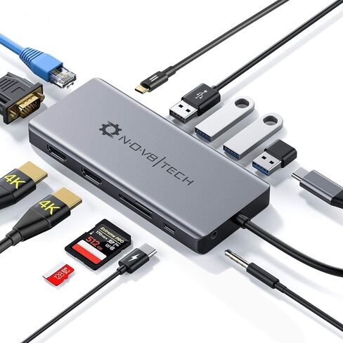 محطة إرساء Nov8tech 13in1 USB C بشاشة مزدوجة، محور USB C مع HDMI مزدوج، VGA، إيثرنت، 5 منافذ USB 3.0/2.0/C، 100W PD، قارئ بطاقة TF/SD، صوت، متوافق مع أجهزة MacBook وأجهزة الكمبيوتر المحمولة وأجهزة النوع C in Kuwait
