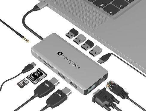 محطة إرساء Nov8tech 13in1 USB C بشاشة مزدوجة، محور USB C مع HDMI مزدوج، VGA، إيثرنت، 5 منافذ USB 3.0/2.0/C، 100W PD، قارئ بطاقة TF/SD، صوت، متوافق مع أجهزة MacBook وأجهزة الكمبيوتر المحمولة وأجهزة النوع C in Kuwait