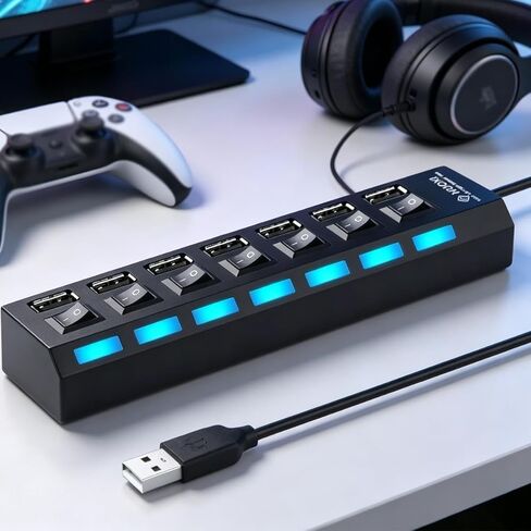7-Port USB Hub with Individual On/Off Switches & LED Lights, USB 2.0 Data Splitter for Laptop, PC, Flash Drive, Mobile HDD, Black in Kuwait