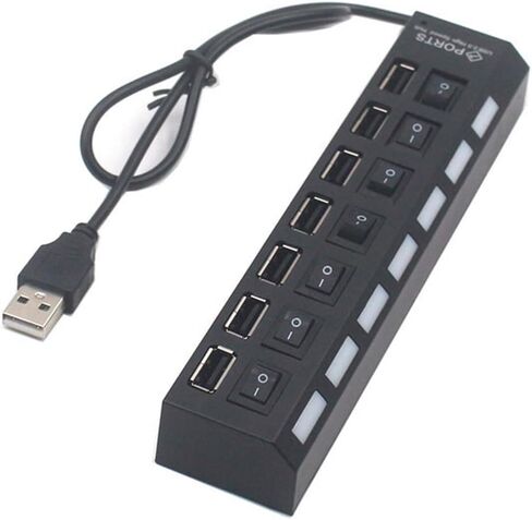 7-Port USB Hub with Individual On/Off Switches & LED Lights, USB 2.0 Data Splitter for Laptop, PC, Flash Drive, Mobile HDD, Black in Kuwait