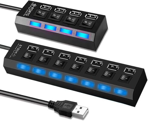 7-Port USB Hub with Individual On/Off Switches & LED Lights, USB 2.0 Data Splitter for Laptop, PC, Flash Drive, Mobile HDD, Black in Kuwait