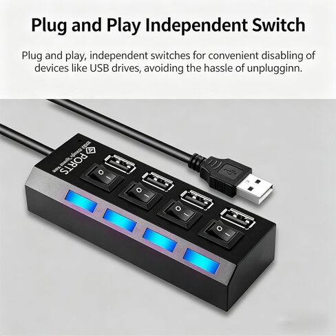 7-Port USB Hub with Individual On/Off Switches & LED Lights, USB 2.0 Data Splitter for Laptop, PC, Flash Drive, Mobile HDD, Black in Kuwait