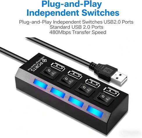 7-Port USB Hub with Individual On/Off Switches & LED Lights, USB 2.0 Data Splitter for Laptop, PC, Flash Drive, Mobile HDD, Black in Kuwait