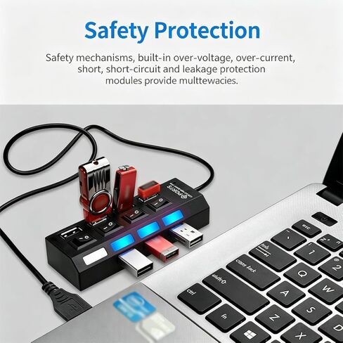 7-Port USB Hub with Individual On/Off Switches & LED Lights, USB 2.0 Data Splitter for Laptop, PC, Flash Drive, Mobile HDD, Black in Kuwait