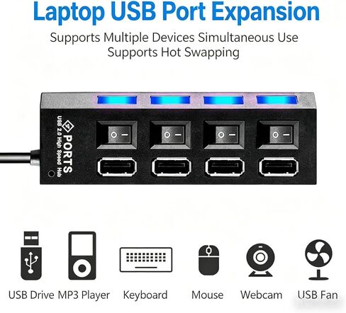 7-Port USB Hub with Individual On/Off Switches & LED Lights, USB 2.0 Data Splitter for Laptop, PC, Flash Drive, Mobile HDD, Black in Kuwait