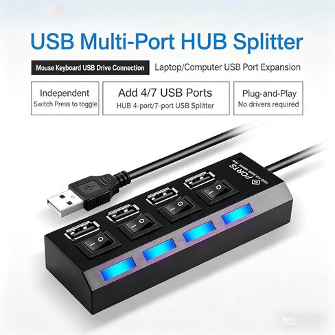 7-Port USB Hub with Individual On/Off Switches & LED Lights, USB 2.0 Data Splitter for Laptop, PC, Flash Drive, Mobile HDD, Black in Kuwait